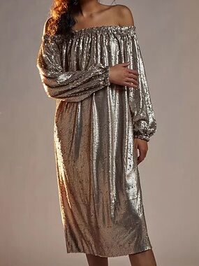Mare Mare x Anthropologie Calliope Sequin Midi Dress Matte Gold Sz Medium NWT